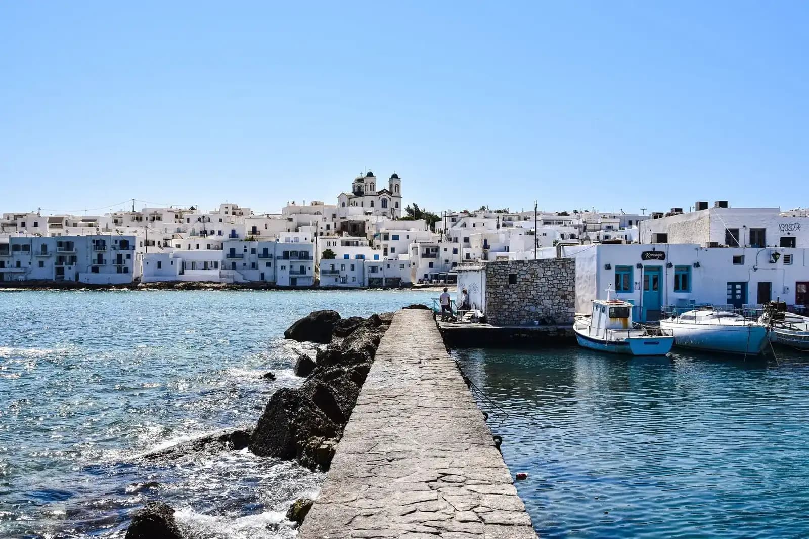 Whitewashed fishing harbor of Naoussa on Paros island, Greece