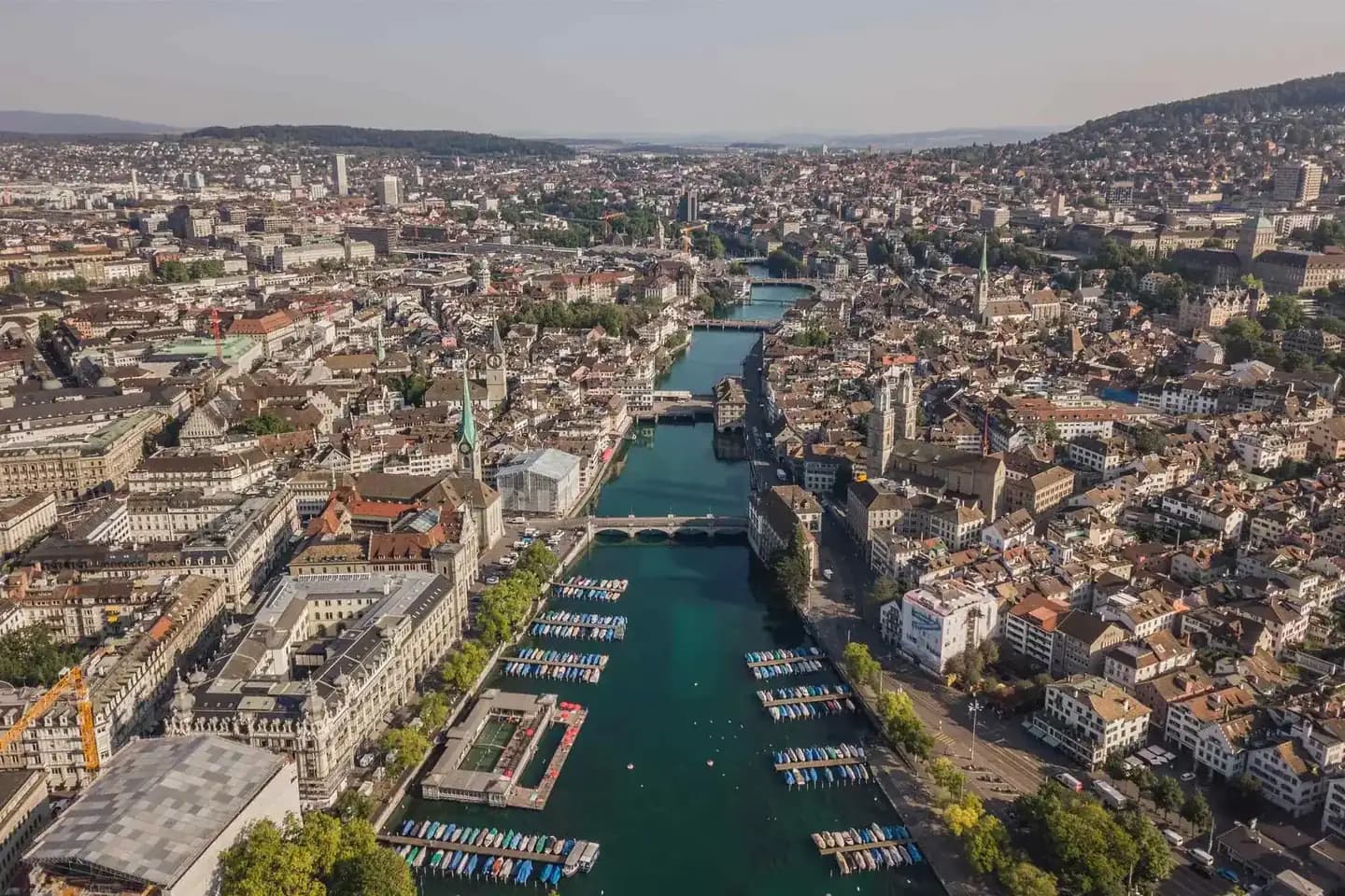 Aerial view of Zurich along the Limmat river on a Switzerland rail journey