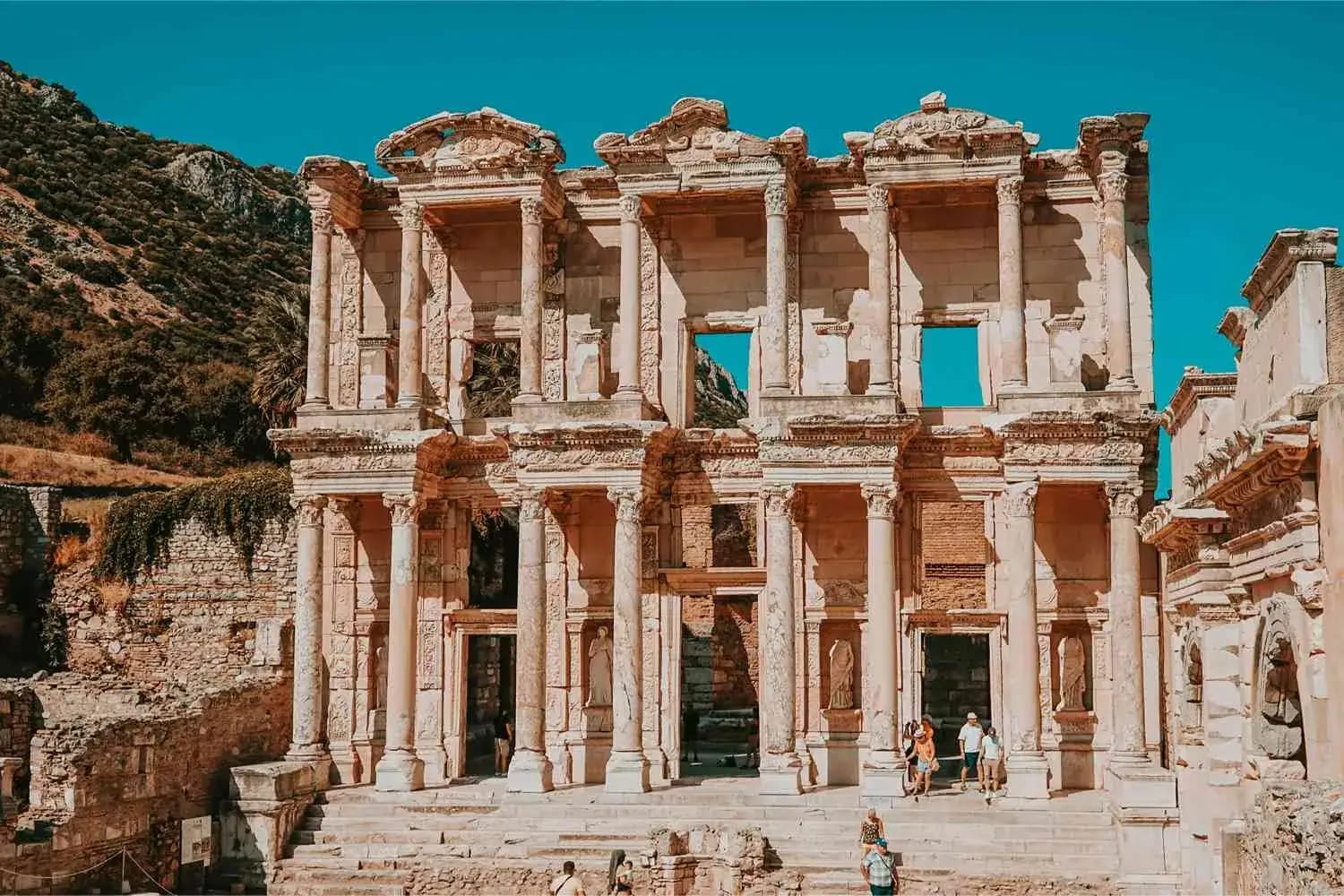 The two-story marble facade of the Library of Celsus in the ancient city of Ephesus, Turkey