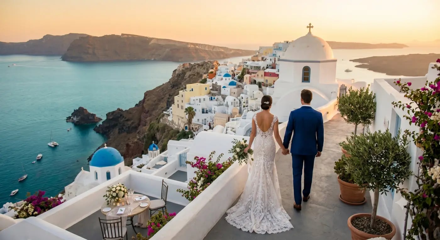 Bride and groom walking along a clifftop path above the sea in Santorini
