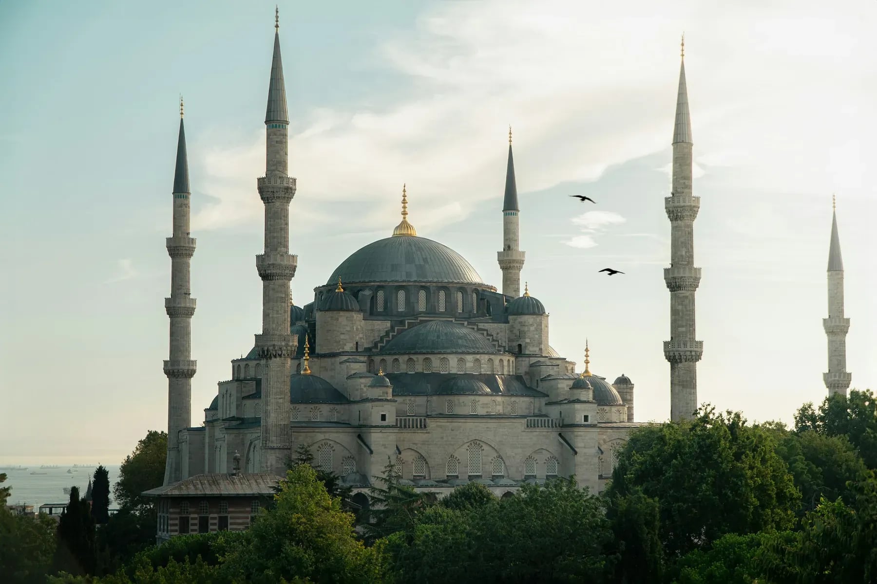 The six minarets of the Blue Mosque against a clear sky in Istanbul