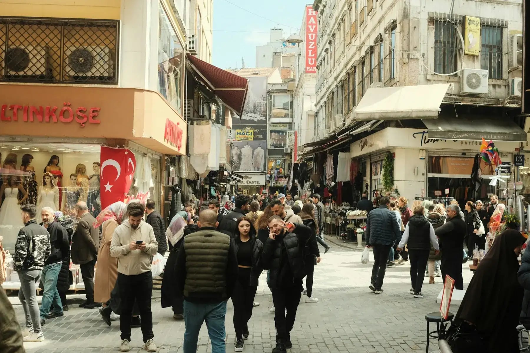 A busy food and shopping street in the Eminönü district of Istanbul