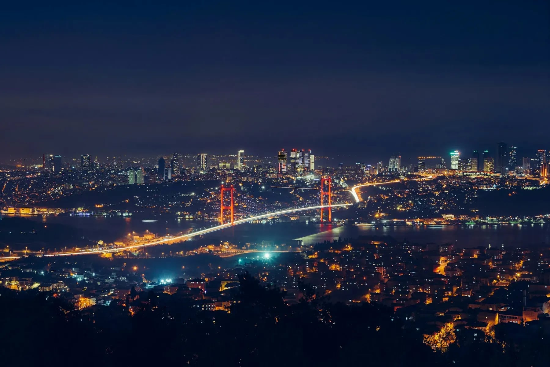 The Istanbul skyline and a lit Bosphorus bridge at night on a private tour of Turkey