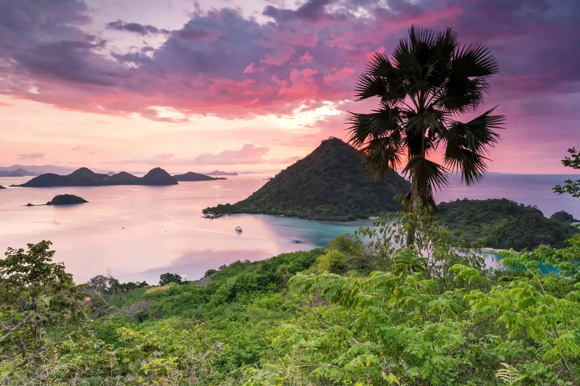 Tropical island headland and palm silhouettes at sunset in Bali, Indonesia