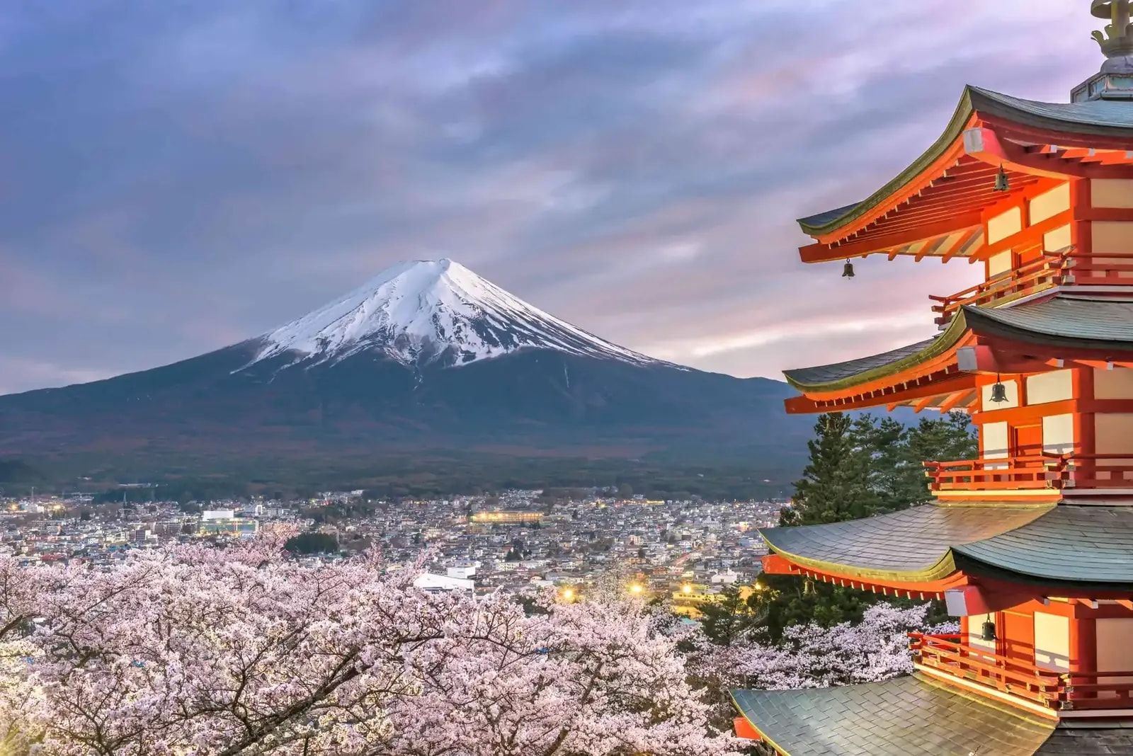 Mount Fuji framed by the Chureito Pagoda and cherry blossoms, Japan