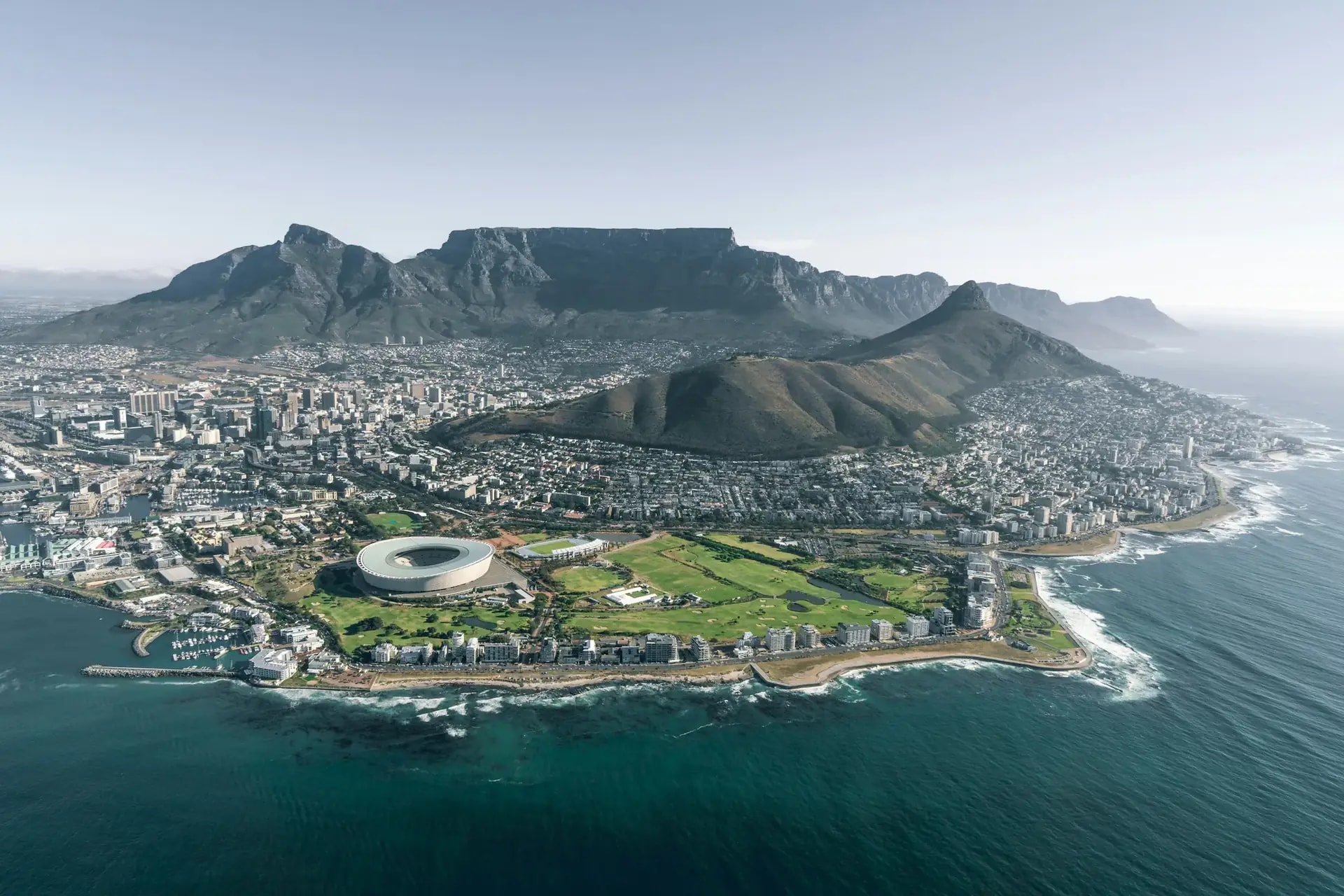 Aerial view of Cape Town beneath Table Mountain, South Africa