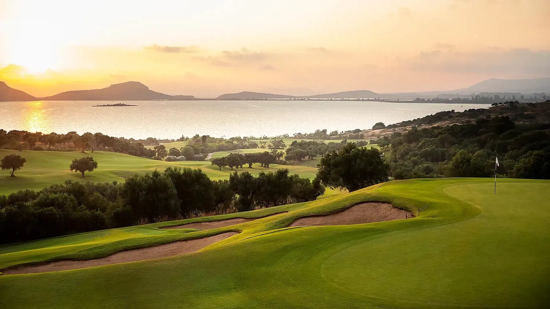 Coastal golf course at sunset on the North East coast of Scotland